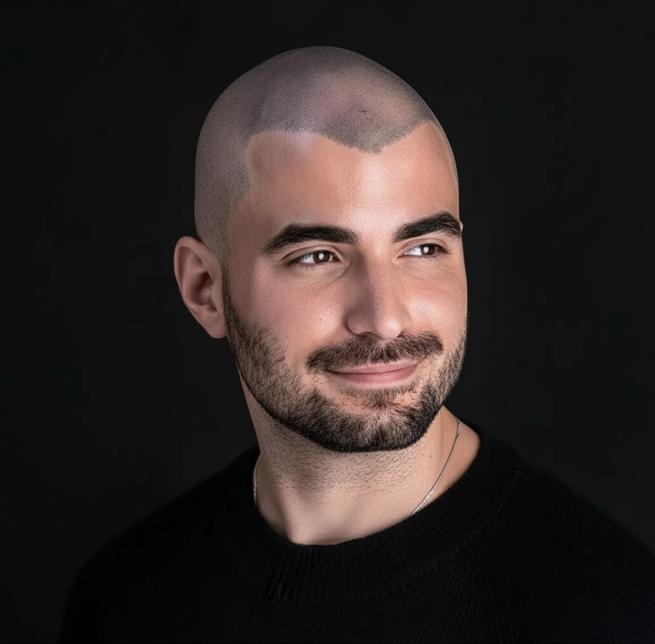 Portrait of a man with brown hair and glasses on a flat gray background.